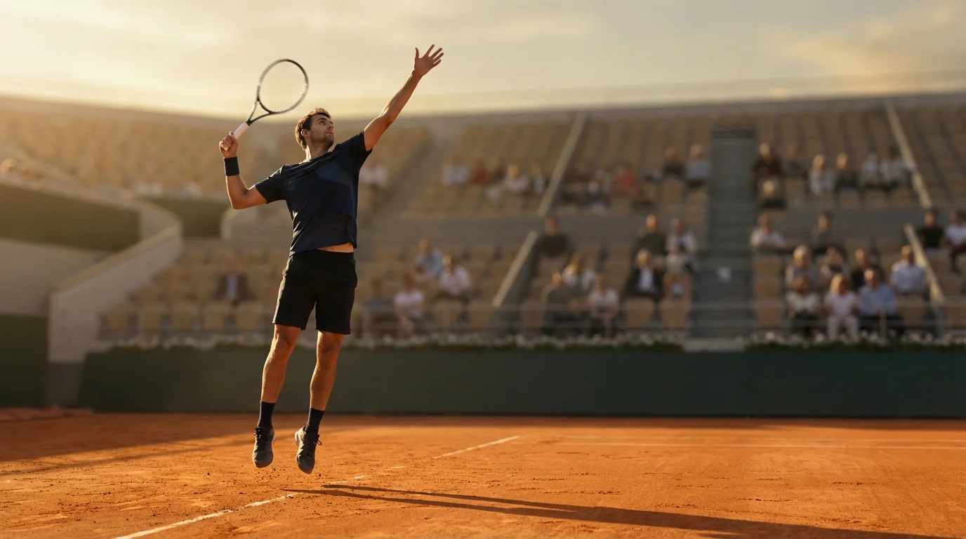 Tennista professionista in azione su campo in terra battuta durante un match