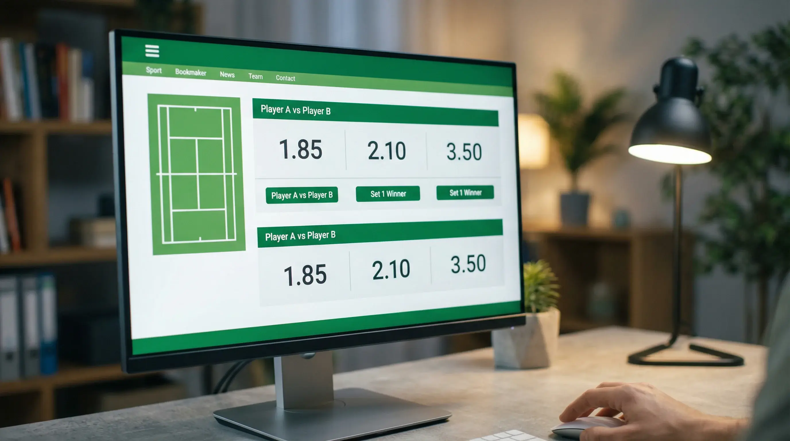 Schermo con quote sportive che cambiano durante una partita di tennis