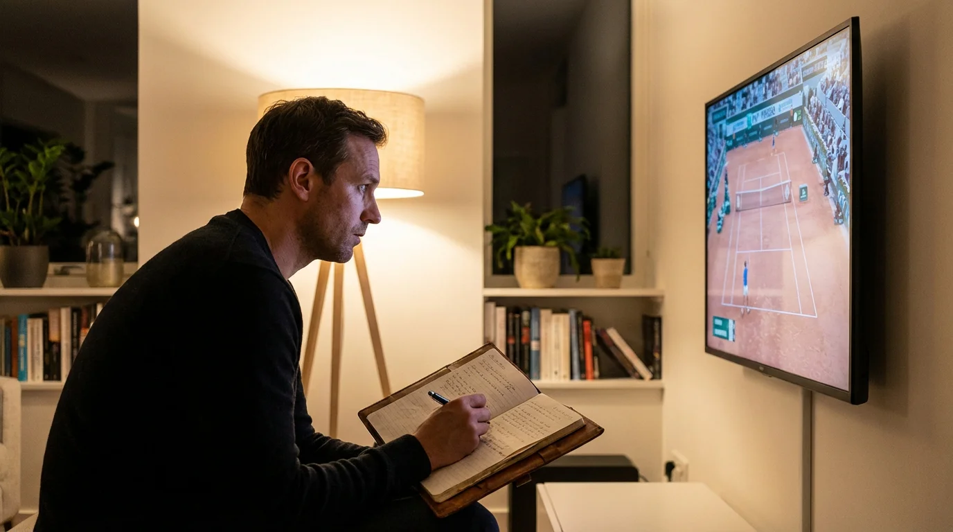 Analista sportivo che prende appunti mentre guarda un match di tennis in diretta