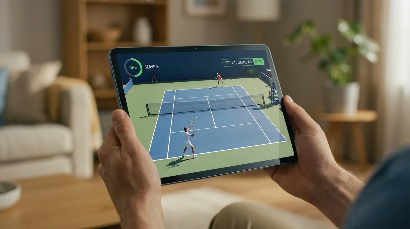Streaming di partita di tennis su tablet con statistiche in tempo reale