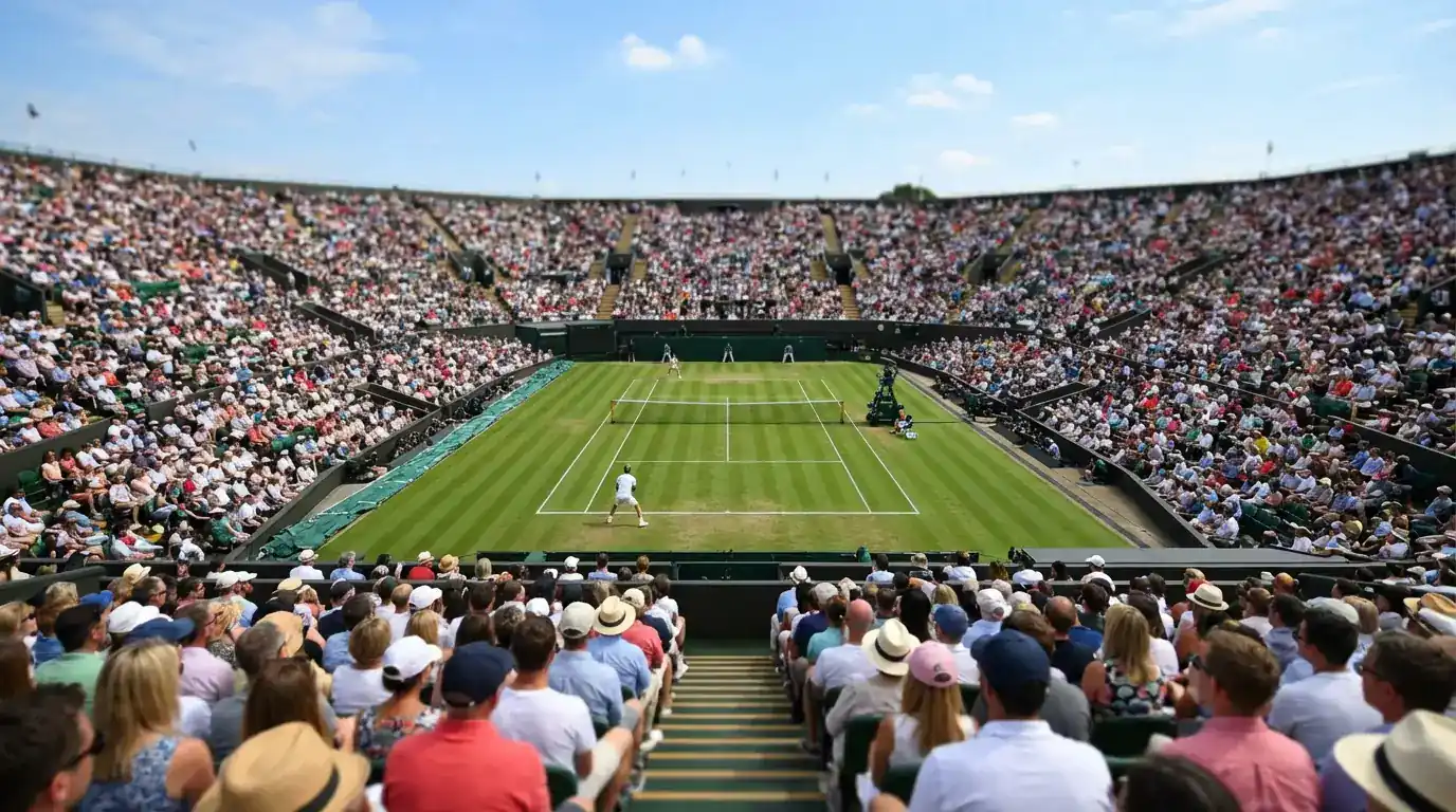 Campo centrale di Wimbledon con erba verde e tribune piene di spettatori